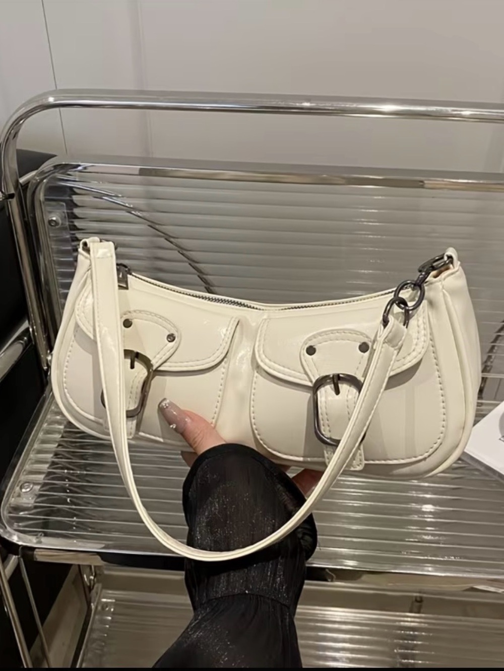 White Leatherette Shoulder Bag with Buckle Detail